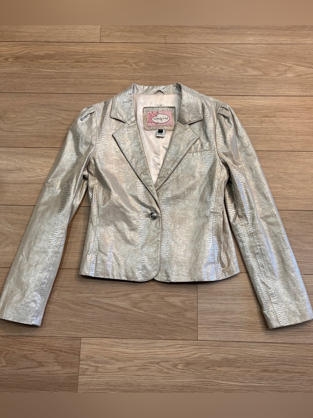 Wendy Hil Metallic Silver 100% Leather Blazer Silk Lined Size S